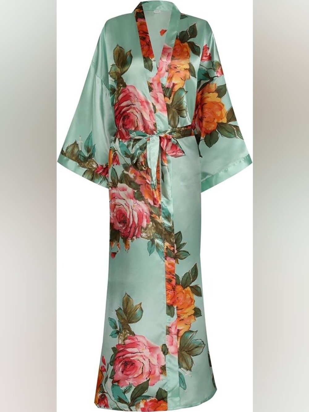 Long Green Floral Kimono Robe